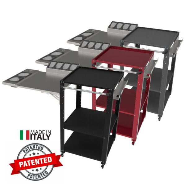 Carrello porta forno Space004N-RIP Il carrello porta forno Space004N-RIP è ideale per forni a legna e a gas, perfetto per pizzaioli professionisti e amatoriali. Realizzato in acciaio resistente con ripiani spaziosi, offre supporto stabile per il forno e spazio per legna, utensili e ingredienti. Grazie alle ruote piroettanti con freno, è facile da spostare e stabile durante l'uso. Perfetto per chi cerca un carrello funzionale e robusto per la pizza fatta in casa o in pizzeria.