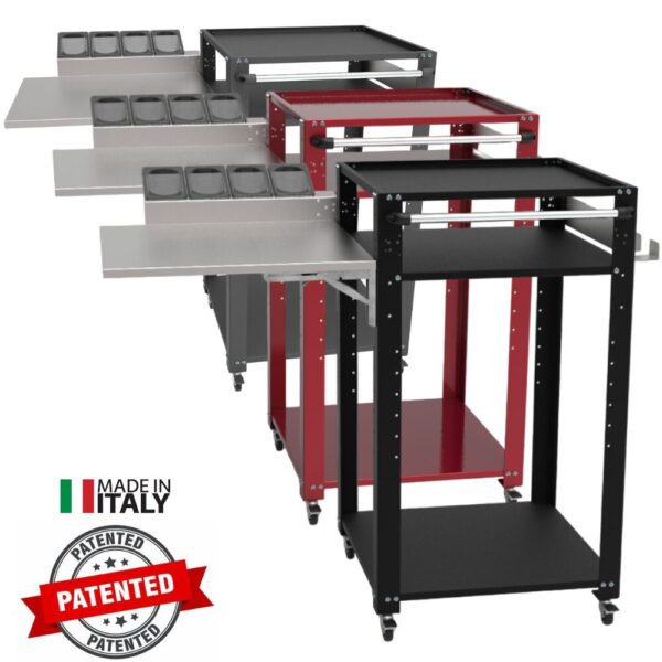 Carrello porta forno Space003R Il carrello porta forno Space004N-RIP è ideale per forni a legna e a gas, perfetto per pizzaioli professionisti e amatoriali. Realizzato in acciaio resistente con ripiani spaziosi, offre supporto stabile per il forno e spazio per legna, utensili e ingredienti. Grazie alle ruote piroettanti con freno, è facile da spostare e stabile durante l'uso. Perfetto per chi cerca un carrello funzionale e robusto per la pizza fatta in casa o in pizzeria.
