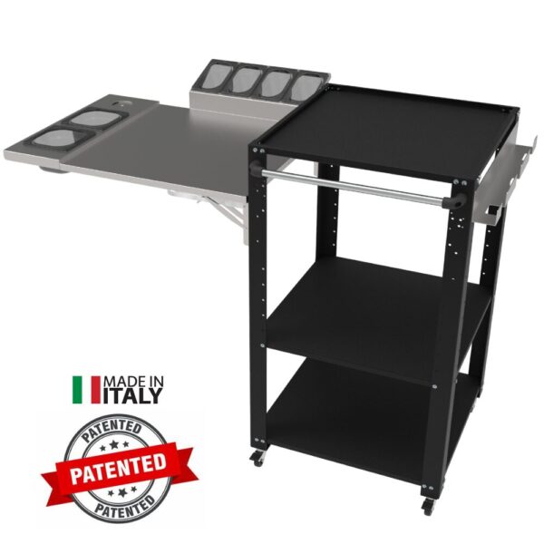 Carrello Space004N per forno pizza, una consolle professionale che ottimizza lo spazio in cucina, perfetto per forni a legna o elettrici. Ideale per creare una postazione pizza efficiente in cucine casalinghe, garantendo praticità e stabilità nella preparazione della pizza."
