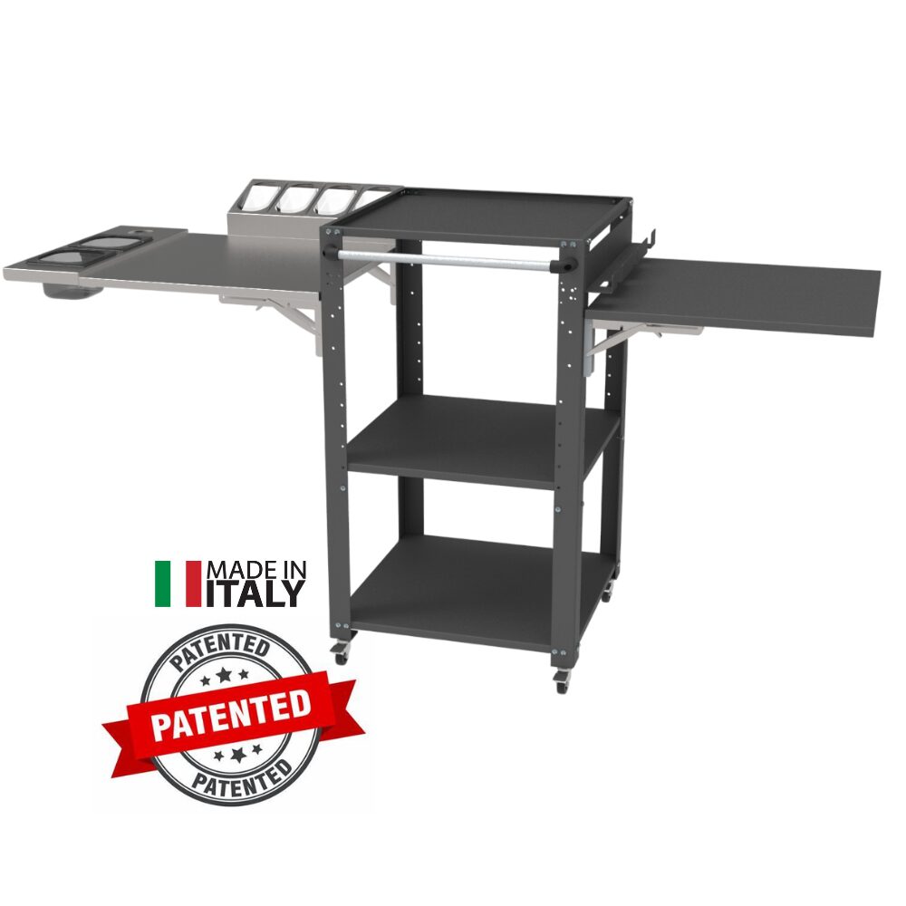 Carrello porta forno Space004N-RIP Il carrello porta forno Space004N-RIP è ideale per forni a legna e a gas, perfetto per pizzaioli professionisti e amatoriali. Realizzato in acciaio resistente con ripiani spaziosi, offre supporto stabile per il forno e spazio per legna, utensili e ingredienti. Grazie alle ruote piroettanti con freno, è facile da spostare e stabile durante l'uso. Perfetto per chi cerca un carrello funzionale e robusto per la pizza fatta in casa o in pizzeria.
