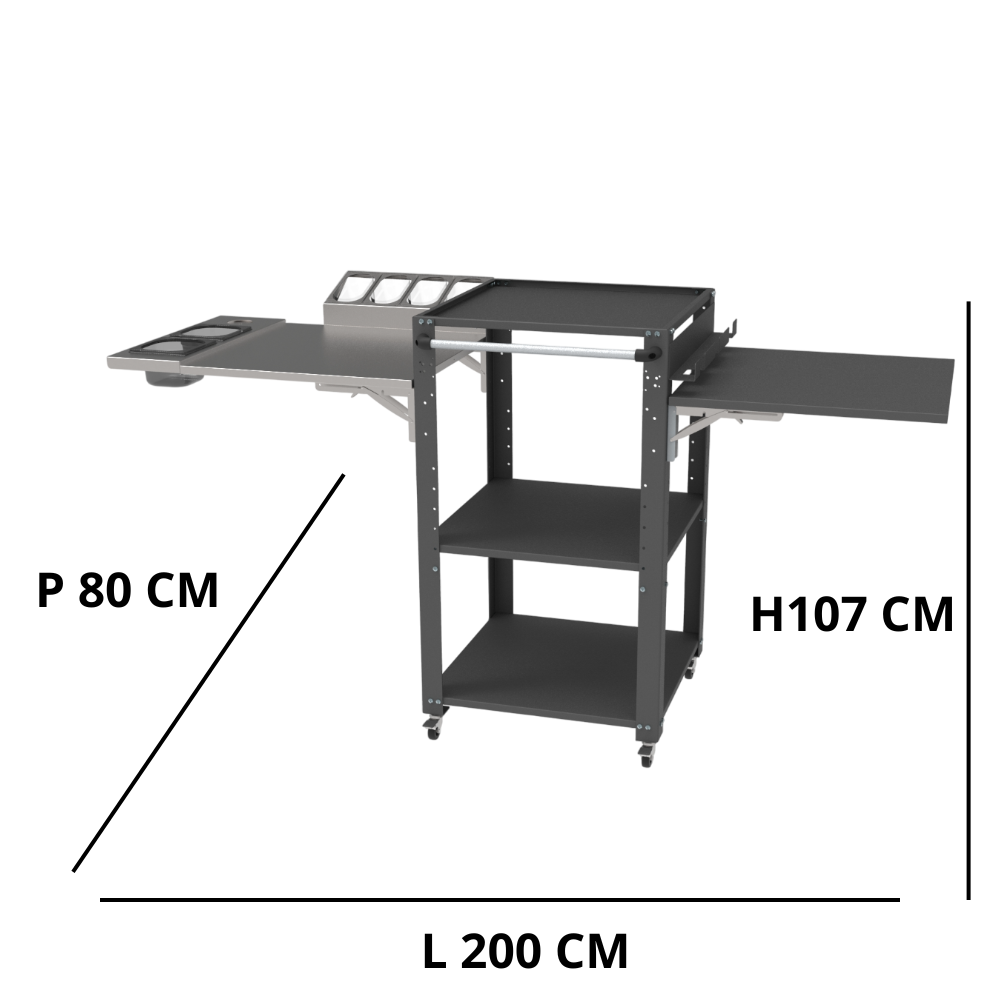 Carrello porta forno Space004N-RIP Il carrello porta forno Space004N-RIP è ideale per forni a legna e a gas, perfetto per pizzaioli professionisti e amatoriali. Realizzato in acciaio resistente con ripiani spaziosi, offre supporto stabile per il forno e spazio per legna, utensili e ingredienti. Grazie alle ruote piroettanti con freno, è facile da spostare e stabile durante l'uso. Perfetto per chi cerca un carrello funzionale e robusto per la pizza fatta in casa o in pizzeria.