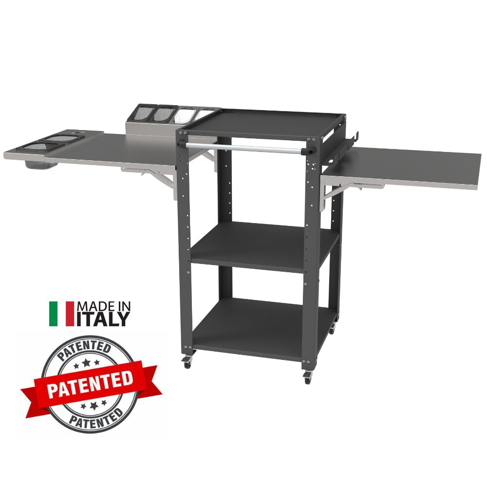 Carrello porta forno Space004N-RIP Il carrello porta forno Space004N-RIP è ideale per forni a legna e a gas, perfetto per pizzaioli professionisti e amatoriali. Realizzato in acciaio resistente con ripiani spaziosi, offre supporto stabile per il forno e spazio per legna, utensili e ingredienti. Grazie alle ruote piroettanti con freno, è facile da spostare e stabile durante l'uso. Perfetto per chi cerca un carrello funzionale e robusto per la pizza fatta in casa o in pizzeria.