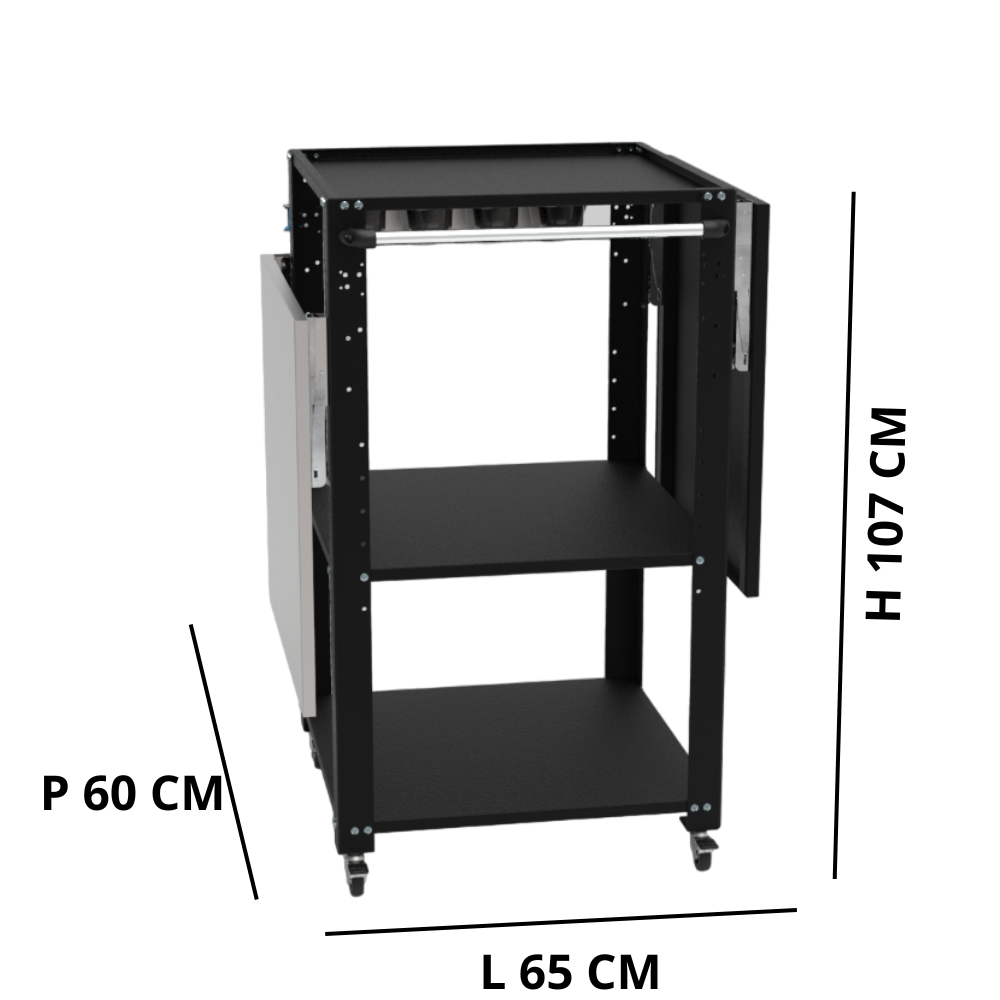Carrello porta forno Space004N-RIP Il carrello porta forno Space004N-RIP è ideale per forni a legna e a gas, perfetto per pizzaioli professionisti e amatoriali. Realizzato in acciaio resistente con ripiani spaziosi, offre supporto stabile per il forno e spazio per legna, utensili e ingredienti. Grazie alle ruote piroettanti con freno, è facile da spostare e stabile durante l'uso. Perfetto per chi cerca un carrello funzionale e robusto per la pizza fatta in casa o in pizzeria.