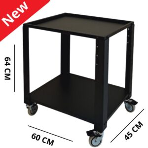 Vista frontale del carrello professionale SPACEMIX001N. Struttura solida in acciaio Made in Italy, progettata per eliminare le vibrazioni delle impastatrici a spirale. Portata 120kg, finitura nero goffrato antigraffio e ruote piroettanti ad alta resistenza."